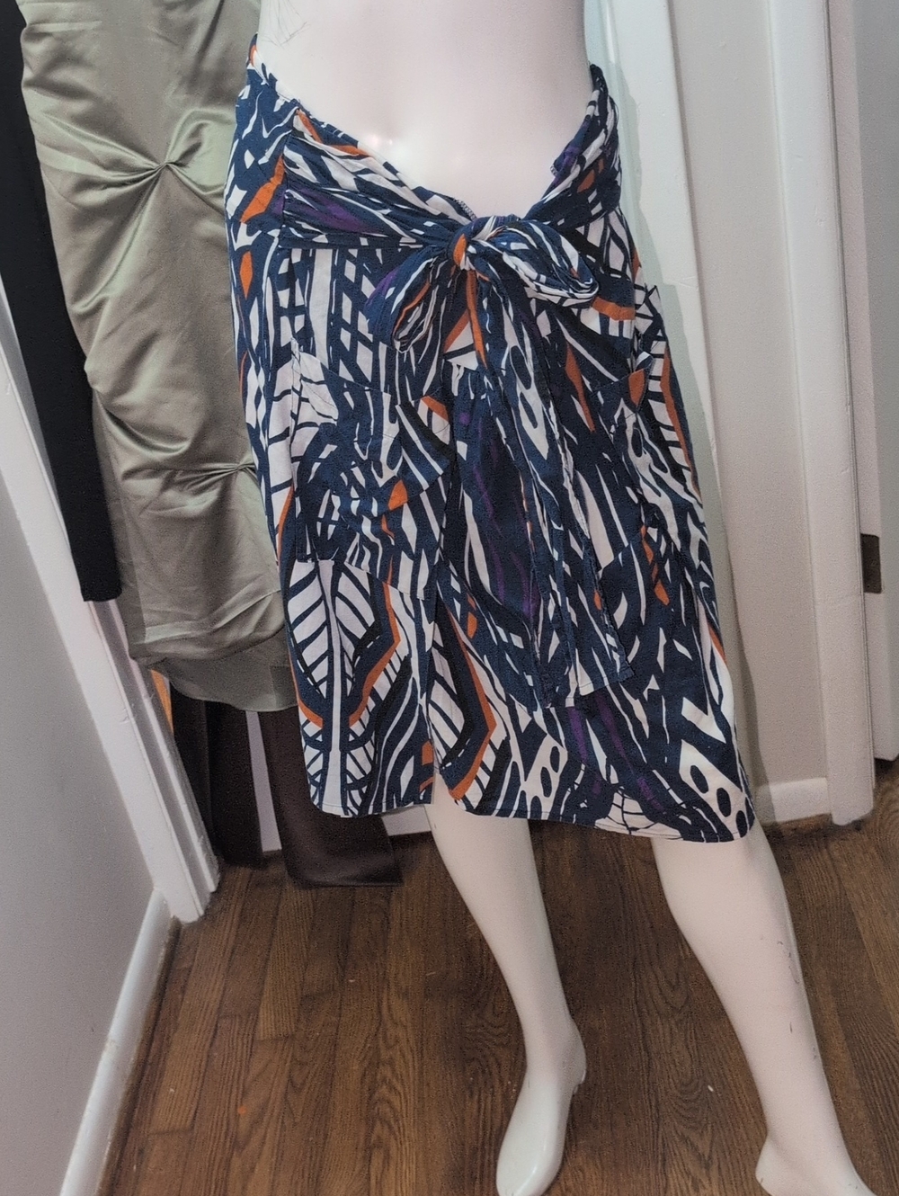 Topshop Navy, White & Orange Patterned Midi Wrap Skirt